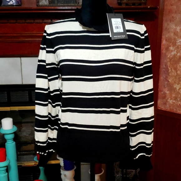 Who What Wear Banded Striped Shirt Sweater Ruffle Keyhole Back Women's - Picture 1 of 8
